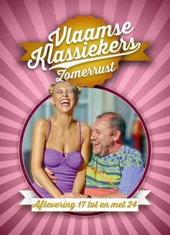 Vlaamse Klassiekers Zomerrust, aflevering 17 tot en met 24. Een lachende vrouw in paarse top en een man met gestreept shirt.