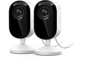 Twee Arlo Essential Indoor camera's met witte basis en zwarte voorkant, op een witte achtergrond.