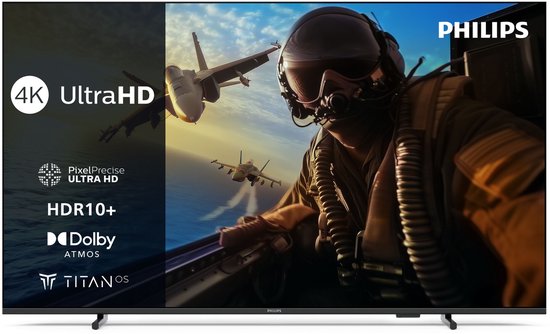 Philips 4K Ultra HD TV met Pixel Precise Ultra HD, HDR10+, Dolby Atmos en Titan OS. Beeld van twee straaljagers bij zonsondergang.