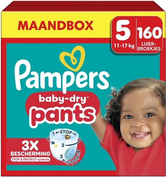 Pampers baby-dry pants, maandbox maat 5 (11-17kg), 160 luierbroekjes. Lachend kindje rechts.