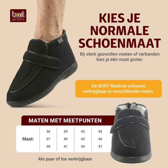 Zwarte verbandsschoenen met klittenbandsluiting, ritssluiting, metingstabel.
