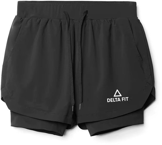 Zwarte Delta Fit 2-in-1 hardloopbroek met trekkoord en logo.
