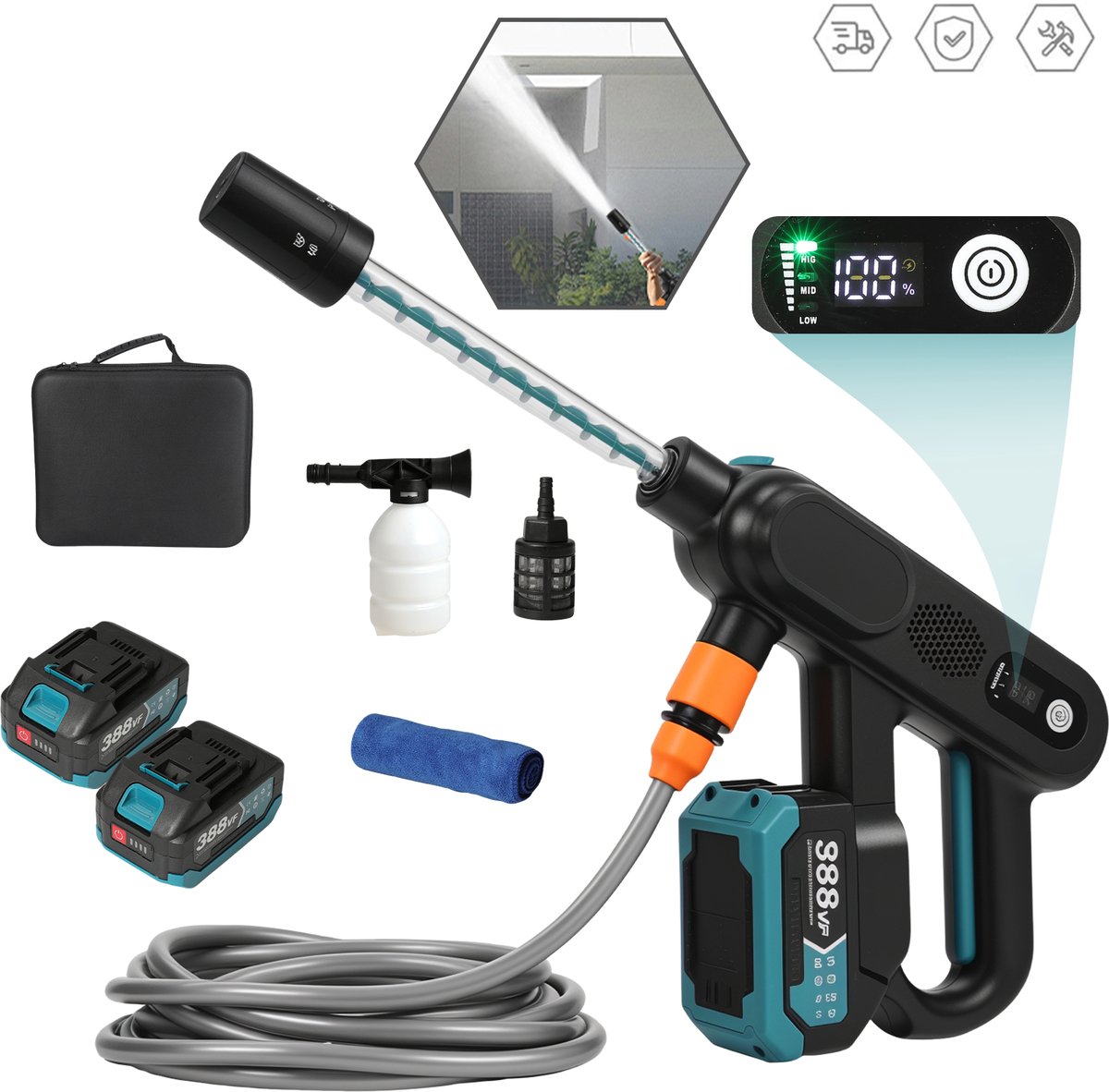 Autowaspistool - Hogedruk - Borstelloos - Elektrisch - 3 Versnellingen