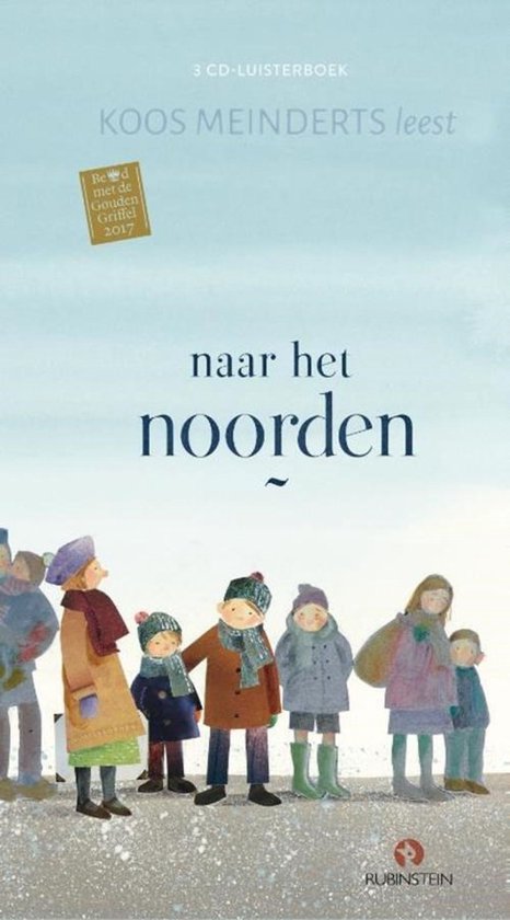 Boekcover met titel 'naar het noorden' en illustratie van een groep kinderen in winterkleding, met op de achtergrond een grijze lucht.