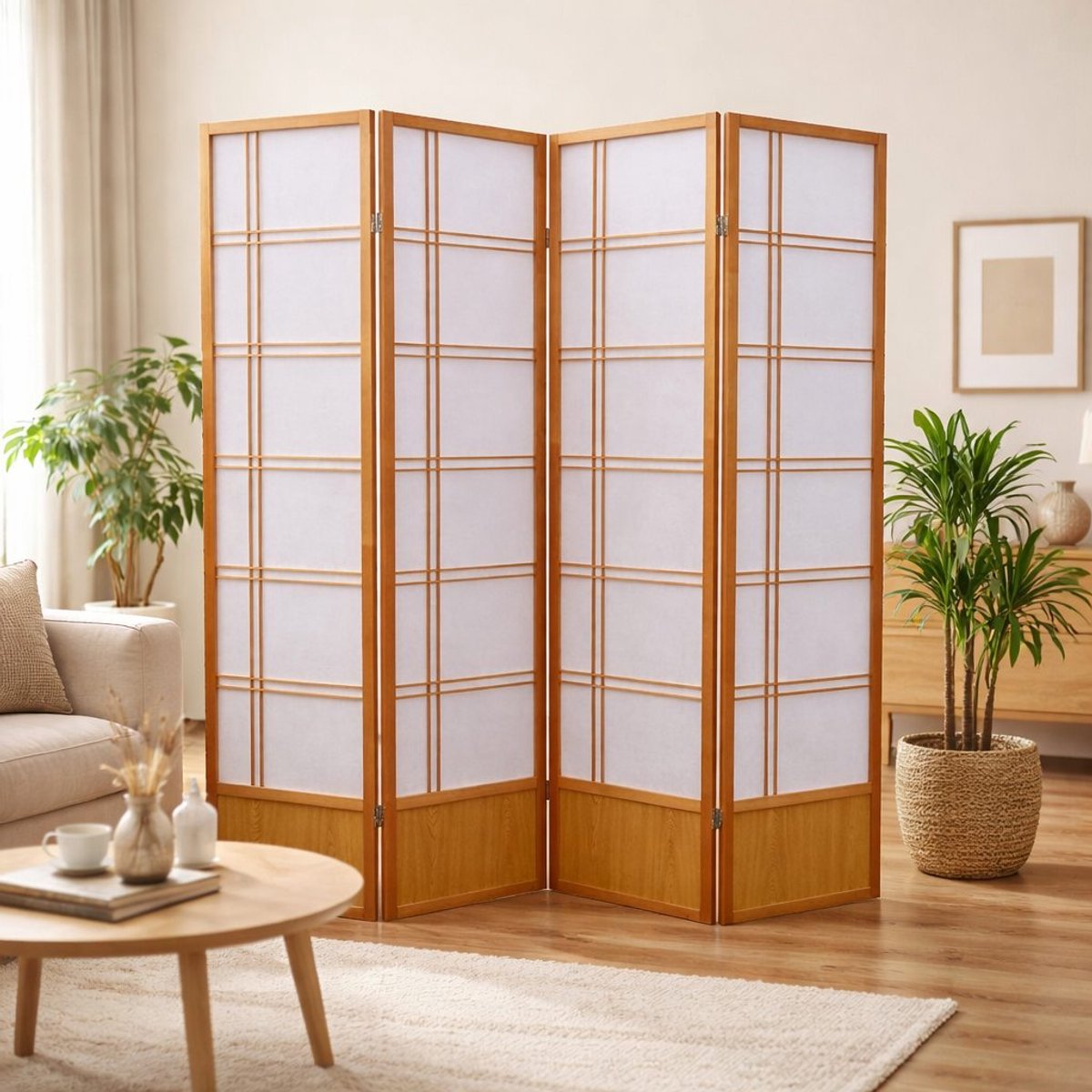 Japans Kamerscherm – 4 Panelen – Naturel Hout – Shoji – 176 x 180 cm – Roomdivider – Privacy Scherm