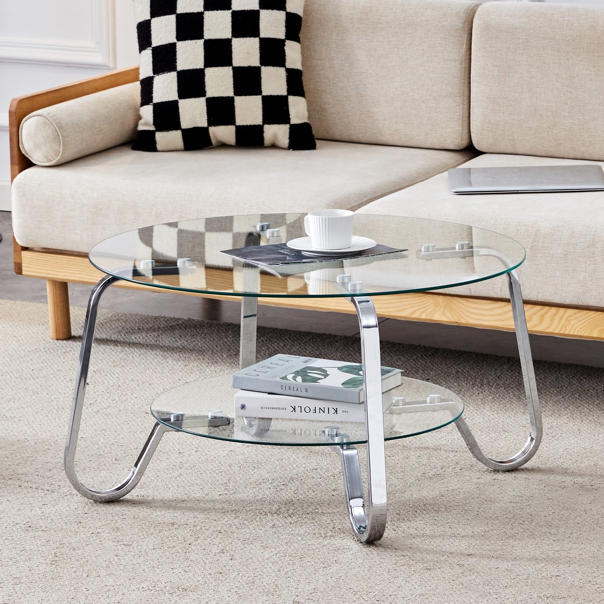 Salontafel ROLIPO - Retro Minimalistische Stijl Metalen Frame Dubbele Laag Geharde Glas - Zilveren Kleur - 80x45x89 cm