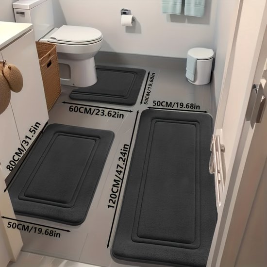 Set van 3 ultra-absorberende badmatten | Antislip polyester badmatten voor bad en douche - comfortabel en zacht - decoratieve vloermatten van Aijing - Zwart
