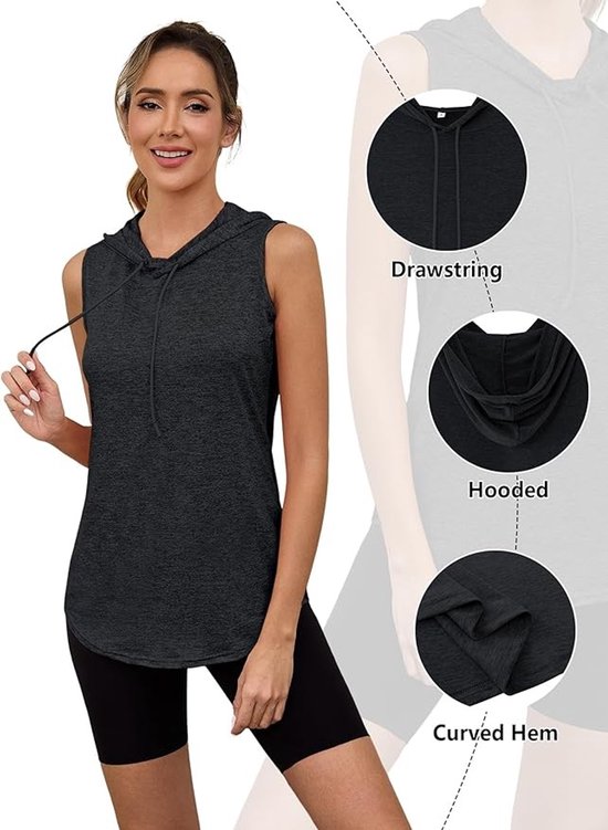 Vrouw in donkergrijs mouwloos hoodie-shirt met gedetailleerde close-ups van capuchon en zoom.