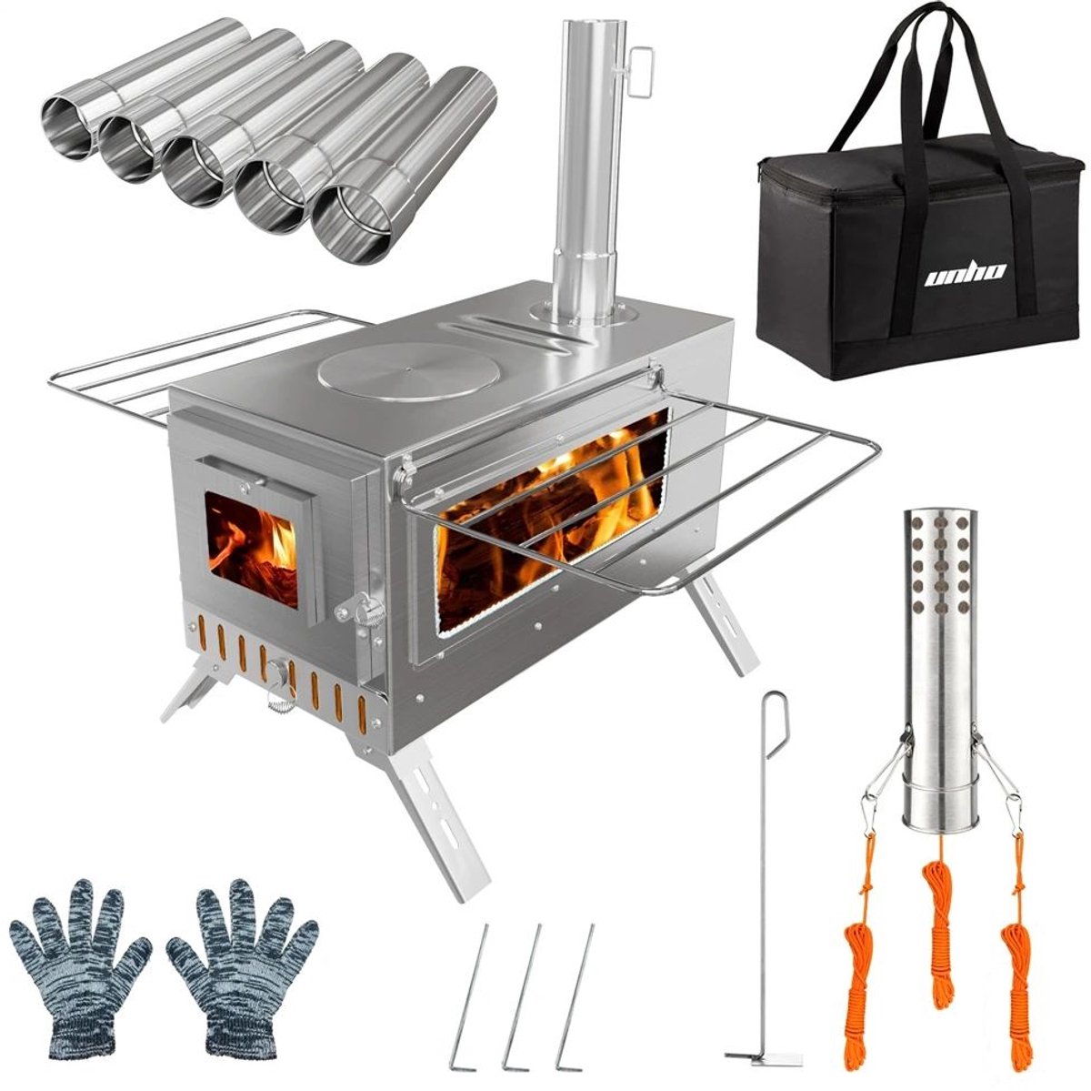 LeeuwenChoice® Draagbare Camping Houtkachel RVS - Tentkachel Met Pijp - Met Kookplaat & Grill Plaat