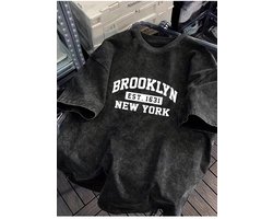 Stijlvolle Brooklyn New York Vintage Washed Acid wash zwart T-shirt met Korte Mouwen en Comfortabele Pasvorm - 2XL-3XL