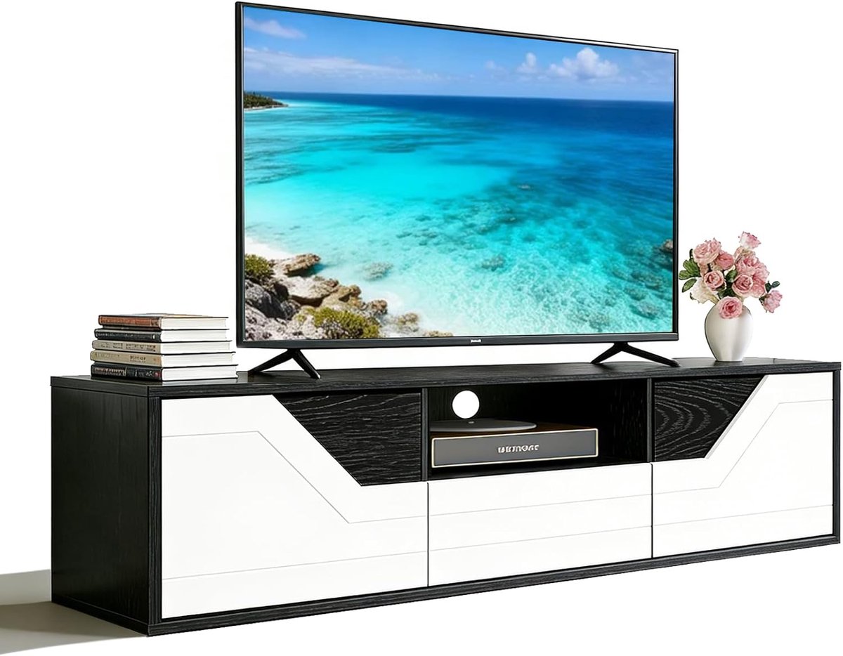 TV Lowboard - TV Meubel Kast - Opbergen Entertainment - Met Lade Deuren - 120 cm Breed - Zwart Wit