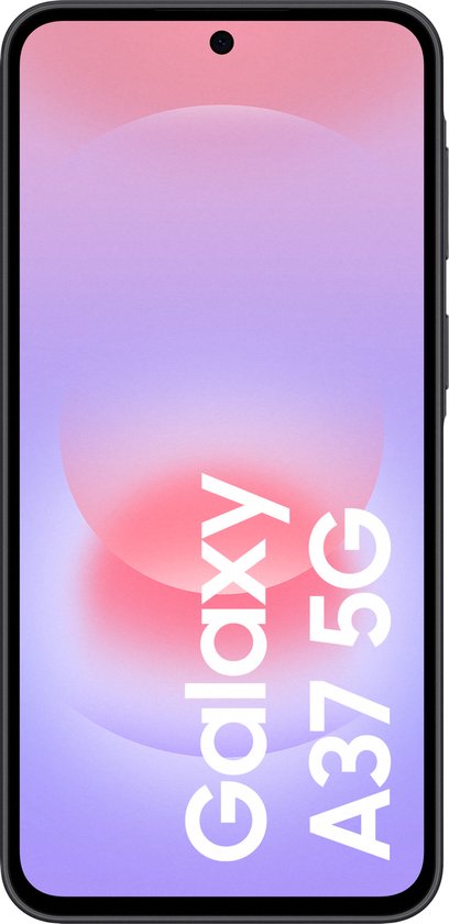 Voorkant van de Samsung Galaxy A37 5G met een paars/roze achtergrond.