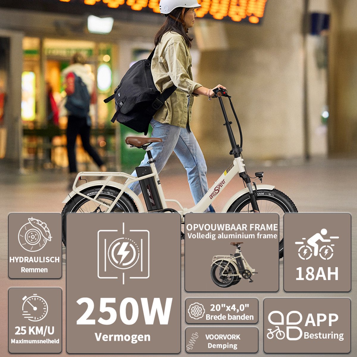ONESPORT OT16Max Opvouwbare Elektrische Fiets – 864Wh Accu – Actieradius tot 120 km –20×4.0 Inch Fatbike – Aluminium Lage Instapframe – Shimano 7 Versnellingen – Hydraulische Schijfremmen – Max. Belasting 120 kg – Stads E-bike – Crèmewit – foto 6