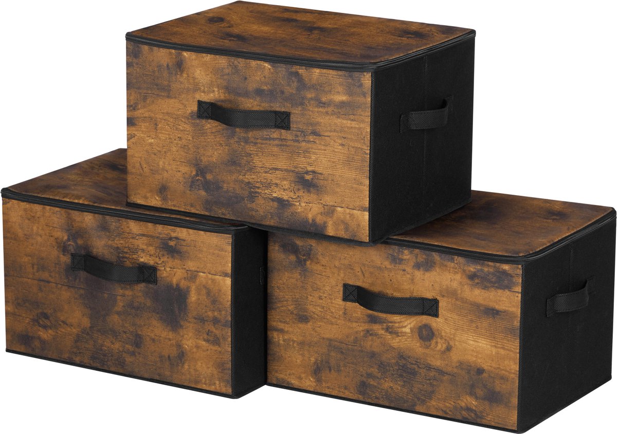 Songmics Opbergbox - Opbergdoos - Met Deksel - 3-Delige Set - Opvouwbare - Handgrepen Vintagebruin