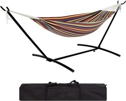2-Persoons Hangmat met Standaard – Tot 200 kg – Inclusief Draagtas – Braziliaans Design Katoen – Voor Tuin, Balkon & Binnen – Regenboog / Geel Gestreept