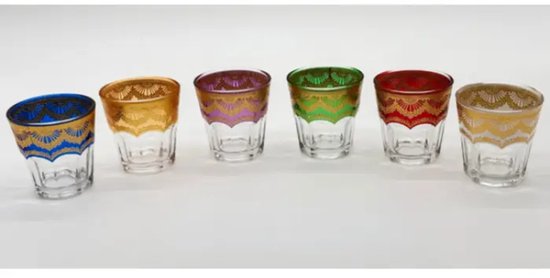 Saharashop Set of 6 Tea Glasses, Atay, Cay Drinking Glasses, NAJMA Gold Multi Premium, Oriental Moroccan, Set of 6 Glass Cups, Glass Cups