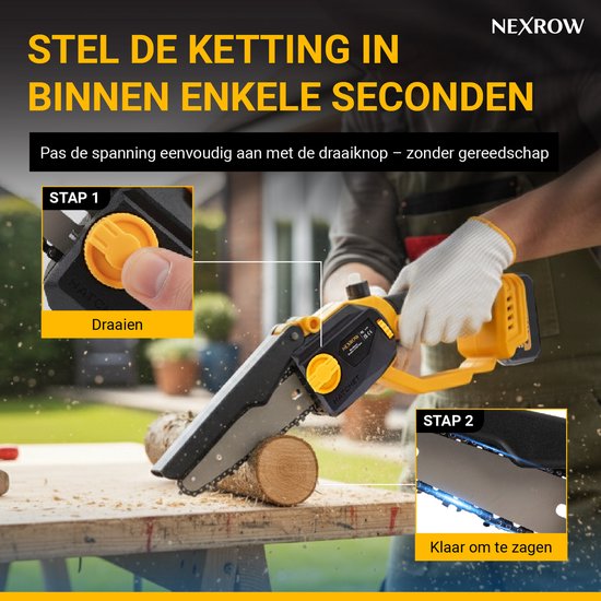 NEXROW® Mini Kettingzaag + Telescopische snoeisteel 2,5m – 6 & 8 Inch Zaagblad – 2x 4000 mAh Accu – Inclusief Oplaadstation & Schuimkoffer – Brushless Motor – Automatische Kettingsmering – Veiligheidskettingrem — afbeelding 4