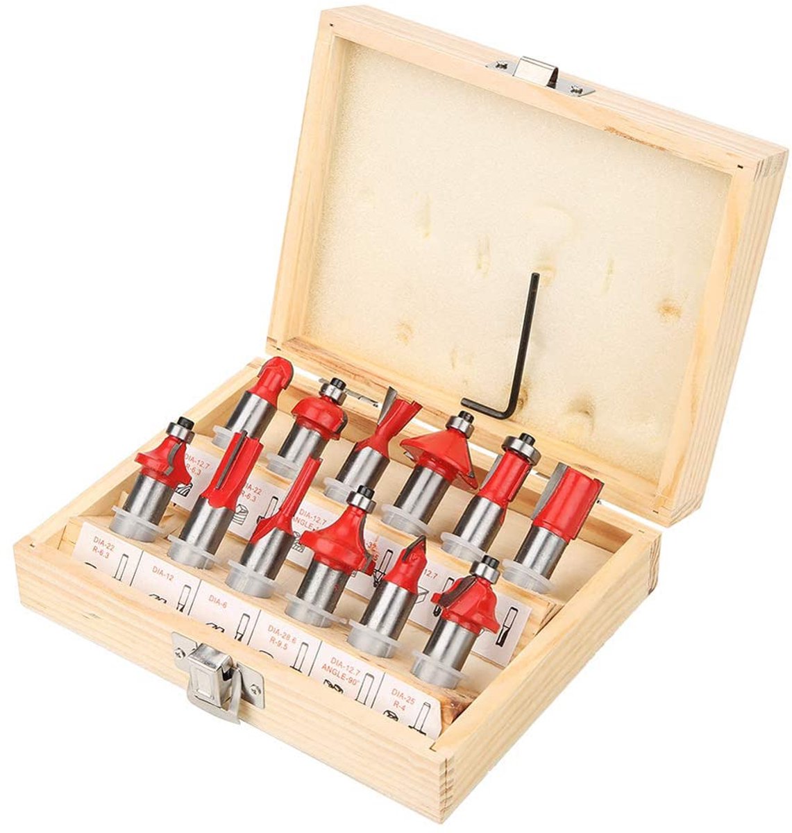 Freesset Bovenfrees - Houtbewerking Gereedschap - Randafwerking Hout - 12 Delig Set - 1/2 Inch Schacht - Rood Geel