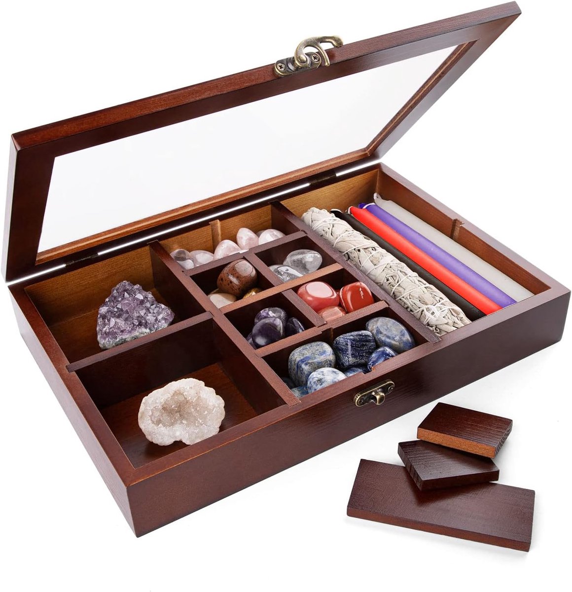 Stenen Displaybox - Opbergdoos Kristallen - Sieraden Ordenen - 12 Vakken Verstelbaar - 29x19.5x4.5 cm - Bruin