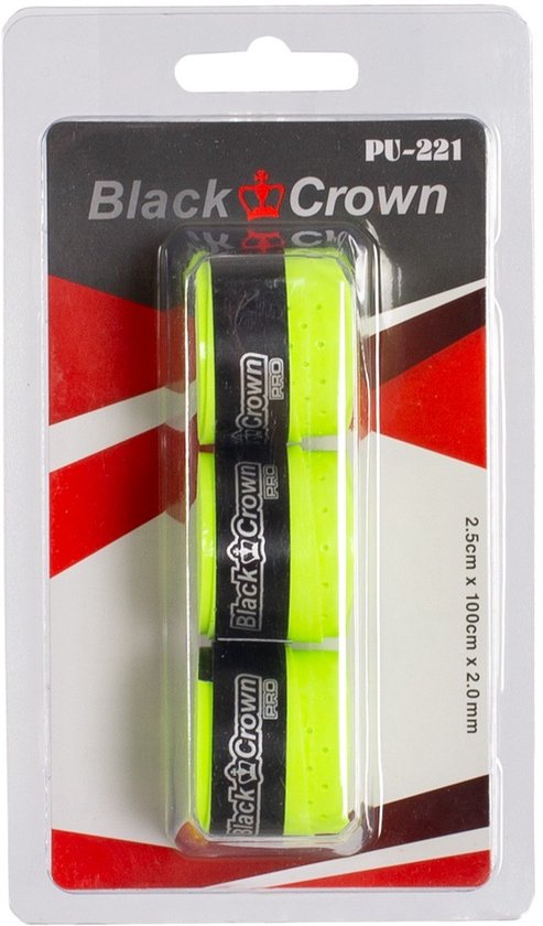 Verpakking met 3 fluo gele Black Crown racketsnaren PU-221.