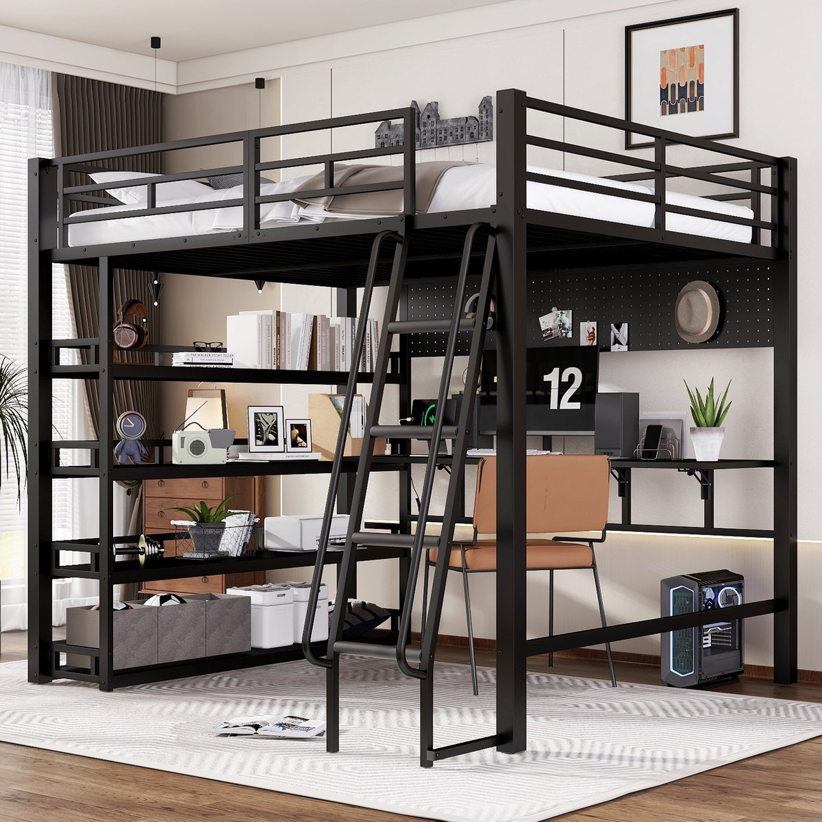 REDOM Hoogslaper met Opbergplanken – 140x200 cm – Met Laadpunt – Schuine Ladder – Metaal en Hout – Zwart