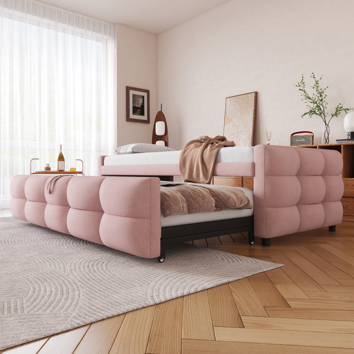 REDOM Uitschuifbaar Gestoffeerd Bed – Met lattenbodem – Ruimtebesparend – Teddy stof – Roze – 90/180 x 190 cm