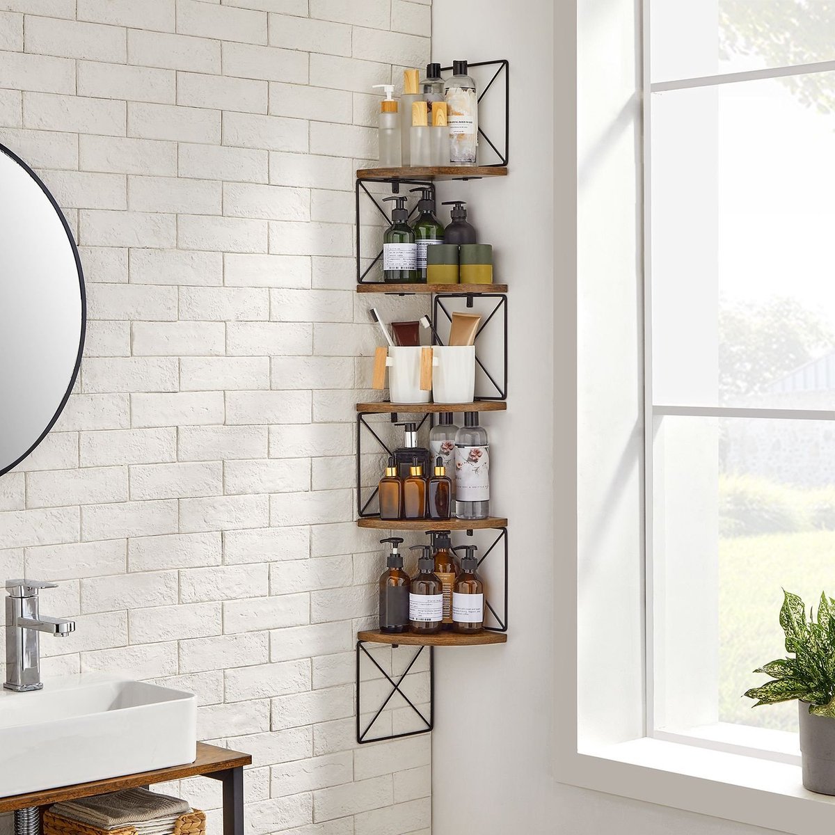 Parya Home Hoekplank, boekenkast met zigzagdesign, 5 lagen, 20 x 20 x 127,5 cm, voor slaapkamer, studeerkamer, woonkamer, vintage bruinzwart