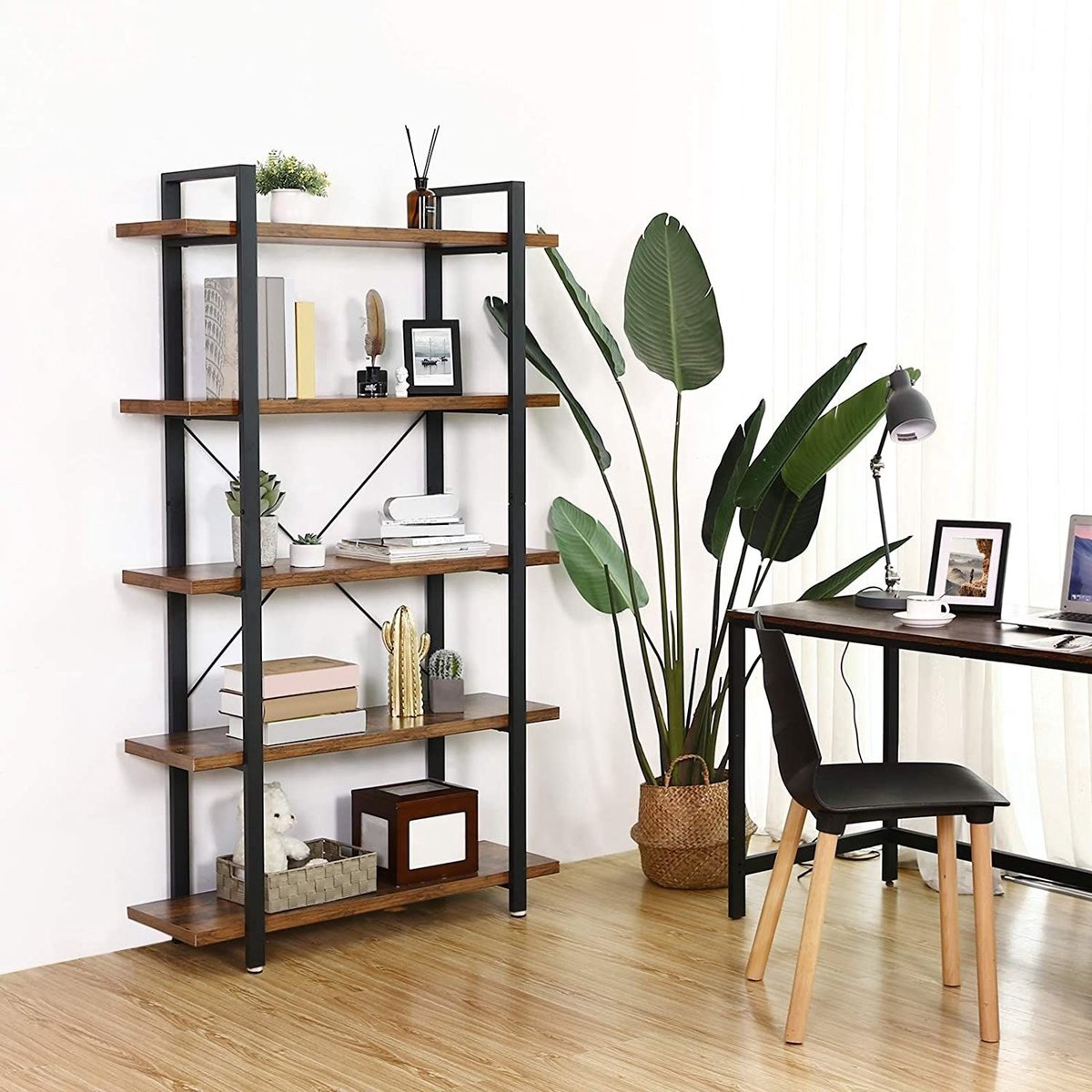 Parya Home - Houten Boekenrek - Met 5 planken - Industrieel - Vintage - Hout/Metaal - Bruin/Zwart