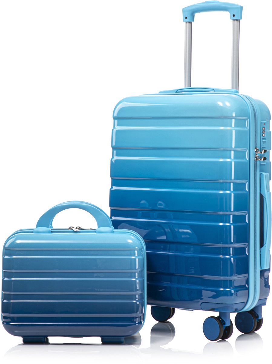 14"/20" 2-Delige PC-Kofferset met Cijferslot en 14" Make-uptas - Reiskofferset - Handbagage - Lichtgewicht - Duurzaam - Reizen - Vakantie - Blauw