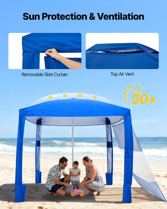 VEVOR Strandcabana, 2,4 X 2,4 M Strandtent met Zijwanden, UPF 50+ Zonbescherming, Strandpaviljoen met Zandzakken, in Hoogte Verstelbaar en Draagbaar Zonnescherm voor Familie en Vrienden, Blauw — afbeelding 5