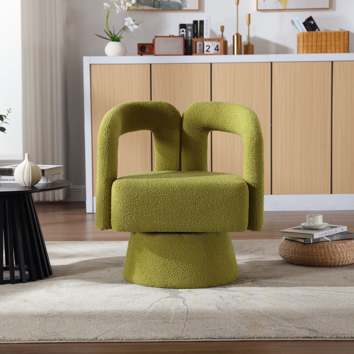 MODFU Draaifauteuil - 360 Graden Draaibaar - Modern - Voor Woonkamer - Bouclé - Olijfgroen - 67 x 55 x 74 cm