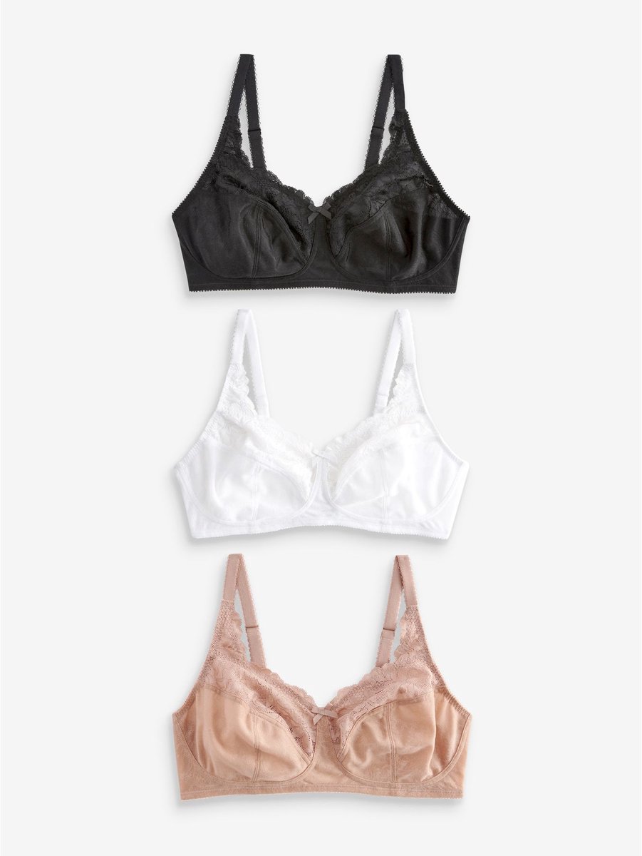 Next Dames - Set van 3 Ultimate Comfort beha's met kant en hele cups, zonder beugels - Zwart Black/White/Praline Nude