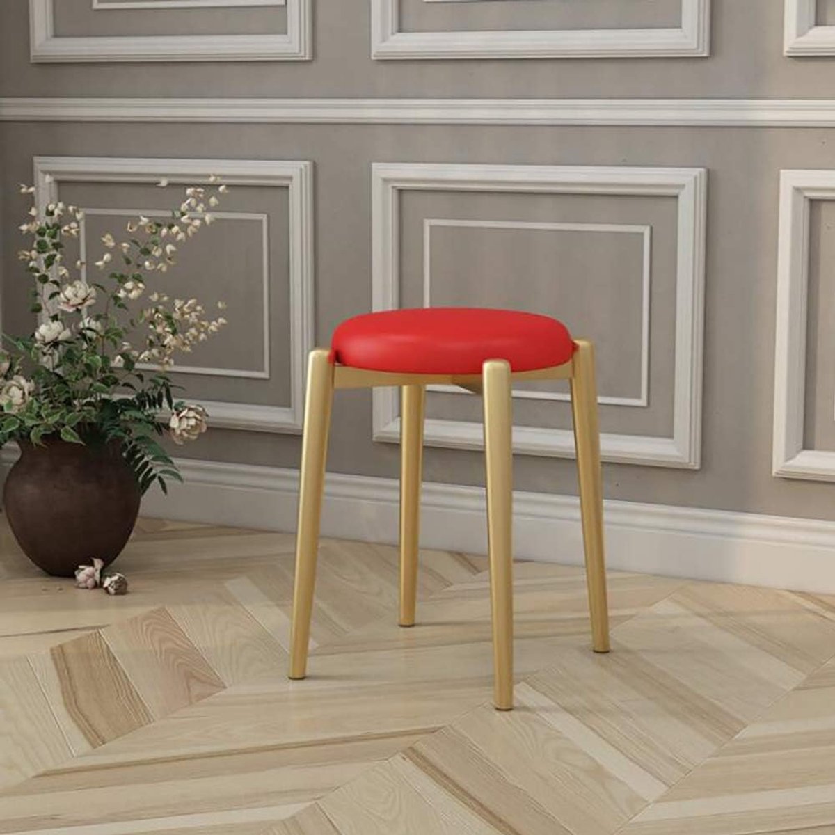 Ronde Poef - Ottomaanse Kruk - Extra Zitplaats - Hoge Veerkracht Spons - 35x35x46cm - Goudkleurig