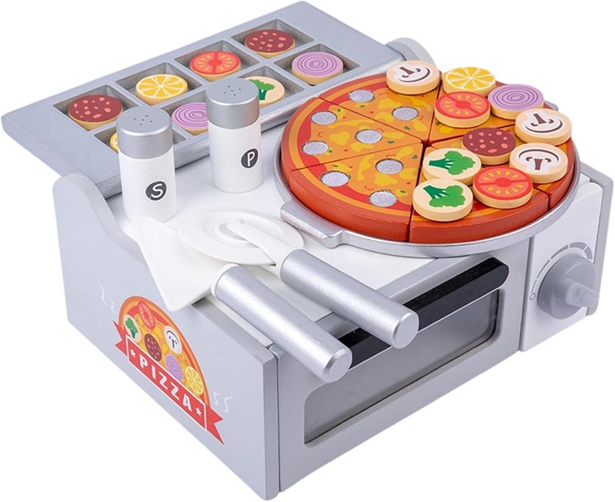 Houten Pizza Set - Rollenspel Keuken - Kinderen Leren Spelen - Inclusief Speelgoedoven - 26 x 225 x 12 cm