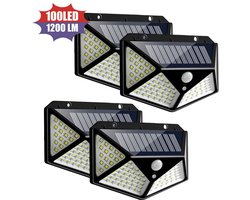 Zonne-energie wandlamp, tuinlamp, licht in vier richtingen, zonne-energie lamp, bewegingssensor, waterdichte buitenlamp [100 LED / 3 werkmodi], bewegingssensorlamp, geschikt voor tuin/schutting/achtertuin/garage/terras, set van 4