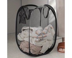 Opvouwbare wasmand zwart - pop up wasmand - wasmand voor op reis - wasmand met hengsels - was sorteren met extra opbergvak - waszak opvouwbaar voor onderweg - vakantie wasmand met handvatten