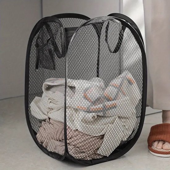 Opvouwbare wasmand zwart - pop up wasmand - wasmand voor op reis - wasmand met hengsels - was sorteren met extra opbergvak - waszak opvouwbaar voor onderweg - vakantie wasmand met handvatten