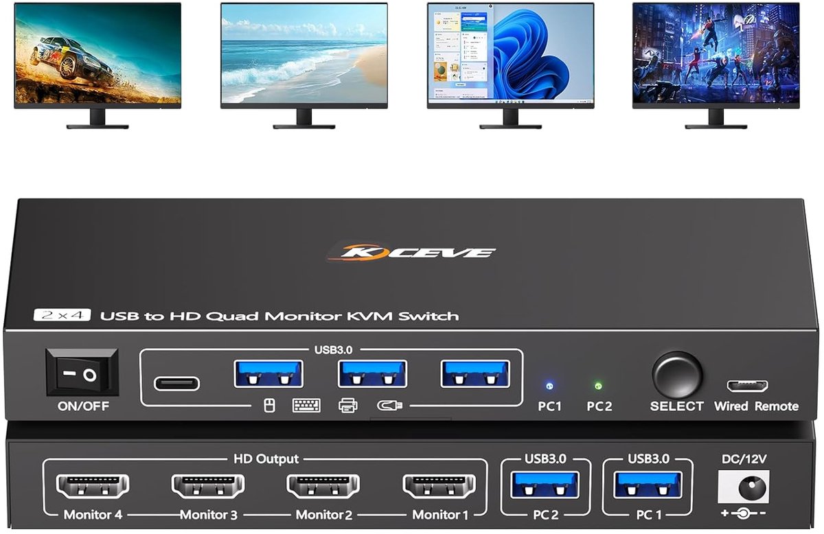 Quad Monitor KVM Switch - Computer Delen - Productiviteit Verhogen - Driver Installatie Nodig