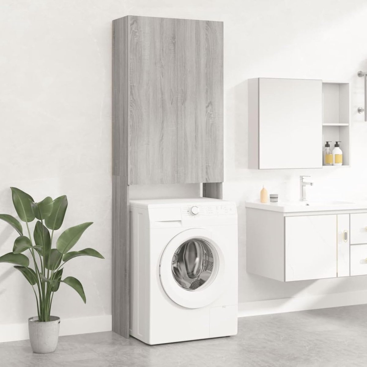 Wasmachinekast - Badkamermeubel - Ruimte Besparen - Strak Design - 64x25x190cm - Sonoma Grijs