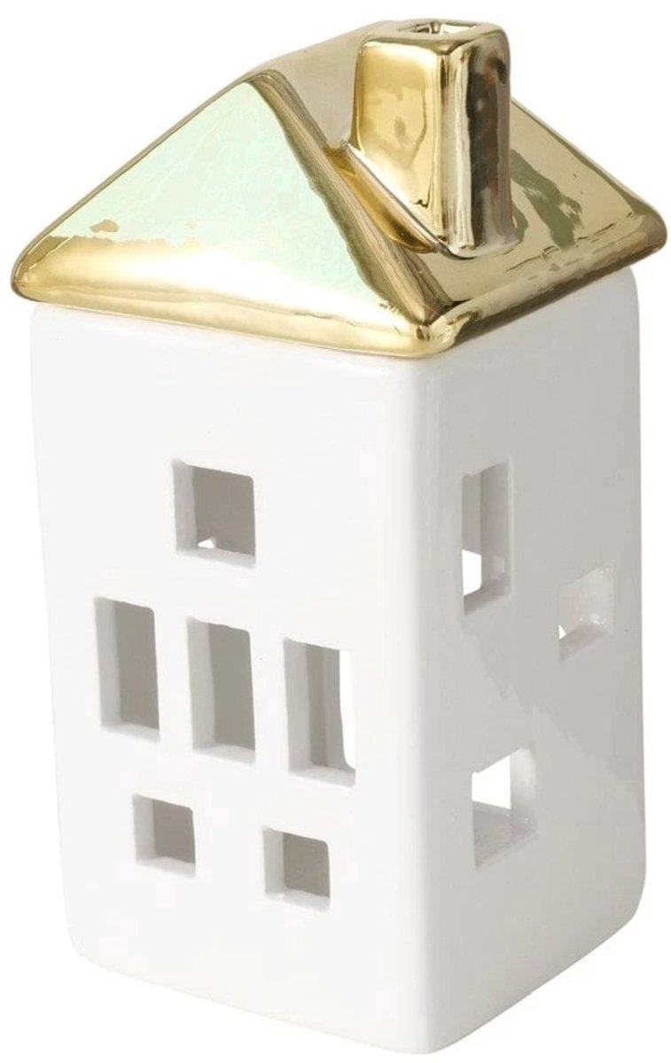 Theelichthouder huisje wit met goud - 2 stuks - H 15,5 cm - Boltze home