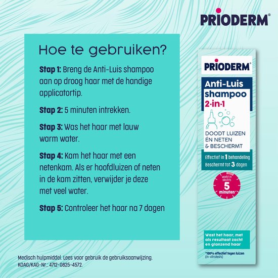 Prioderm Anti-Luis shampoo 2-in-1 - Doodt hoofdluizen en neten effectief in 1 behandeling - Werkt in 5 minuten - Handige applicator - Vanaf 1 jaar - 100ml