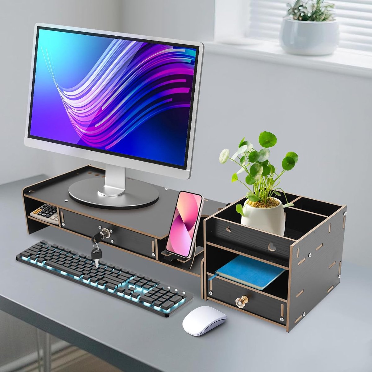 Monitor Verhoger - Bureau Organizer - Werkplek Verbetering - Met Lade - 48x20x10.5 cm - Zwart
