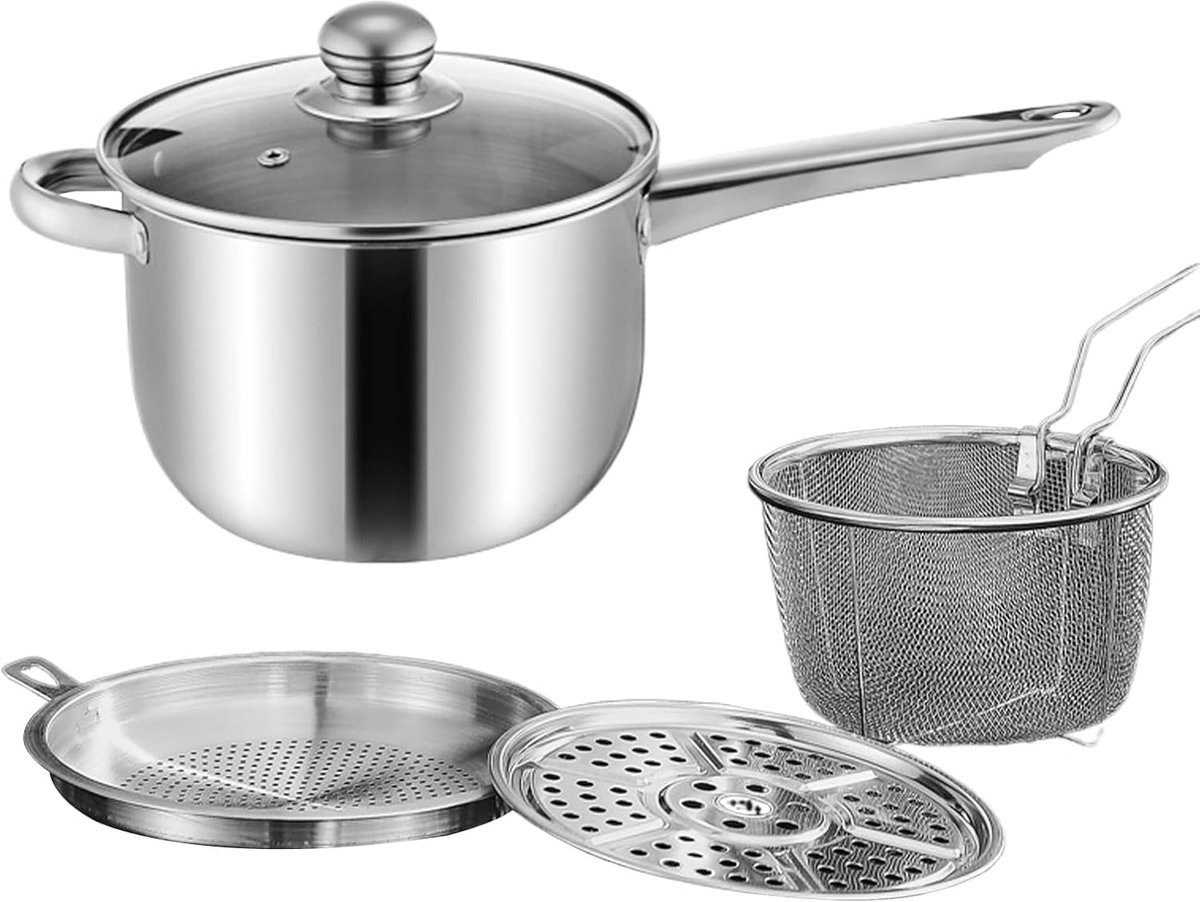 Frituurpan met mand - Diepe kookpan - Gelijkmatig bakken - Roestvrij staal constructie - 38 cm diameter - Zilver