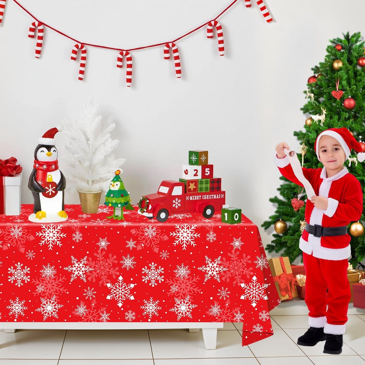 Kerst Tafelkleed - Sneeuwvlok Decoratie - Winterfeest - Waterdicht & Wasbaar - 130 x 220 cm - Rood