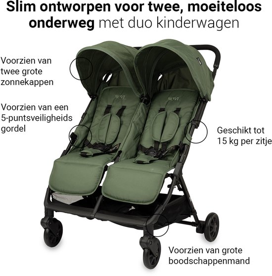 Novi Baby® Foss Go Duobuggy - Forest Green - Geschikt tot 15 kg per zitje - Compact opvouwbaar van Novi Baby® — afbeelding 4