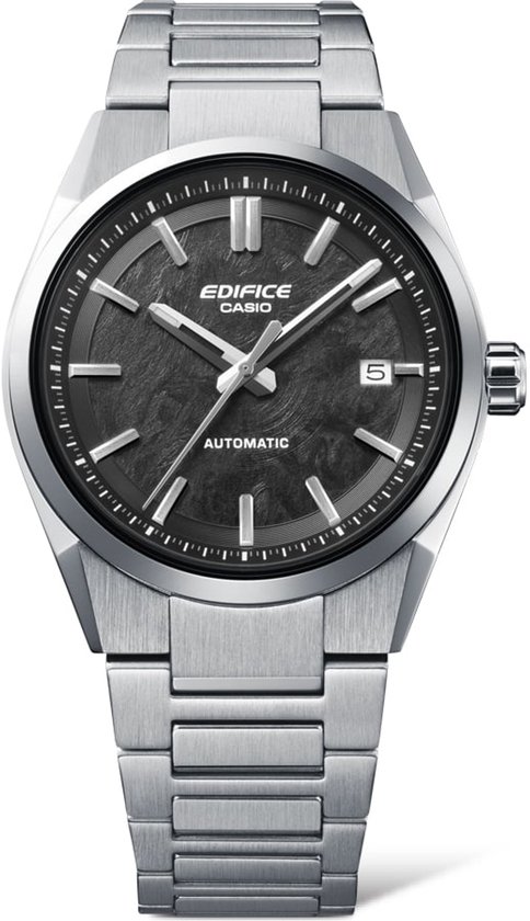 Edifice Casio herenhorloge met zilverkleurige band en donkere wijzerplaat.