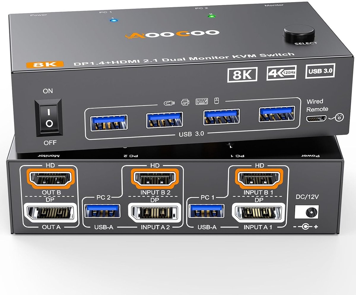 8K @60Hz KVM Switch voor 2 PC's en 2 Monitoren met USB 3.0 - HDMI en DisplayPort