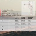 Maattabel met maten voor taille, heup en binnenbeenlengte.
