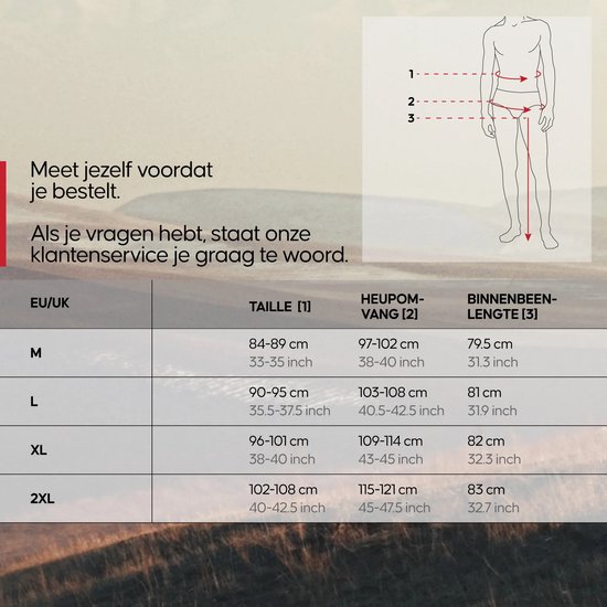 Maattabel met maten voor taille, heup en binnenbeenlengte.