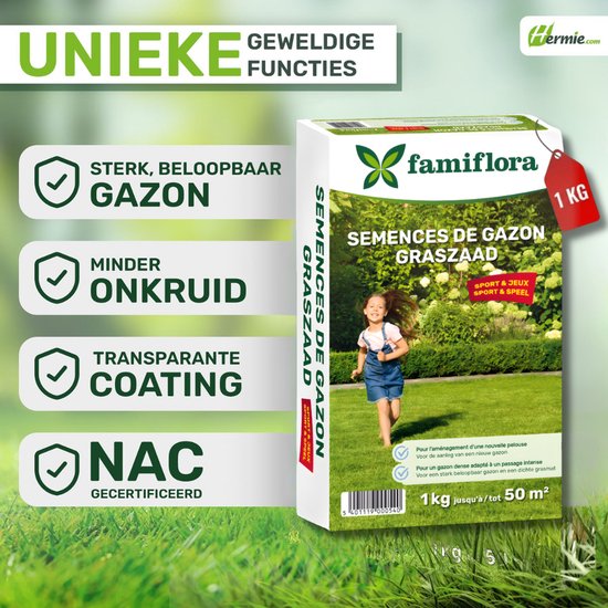 Famiflora graszaad 1kg tot 50m² - Speel & Sport - voor aanleg nieuw gazon - 1kg tot 50m² - Voor een sterk gazon dat tegen spelen kan - Dichte grasmat verdringt onkruid automatisch